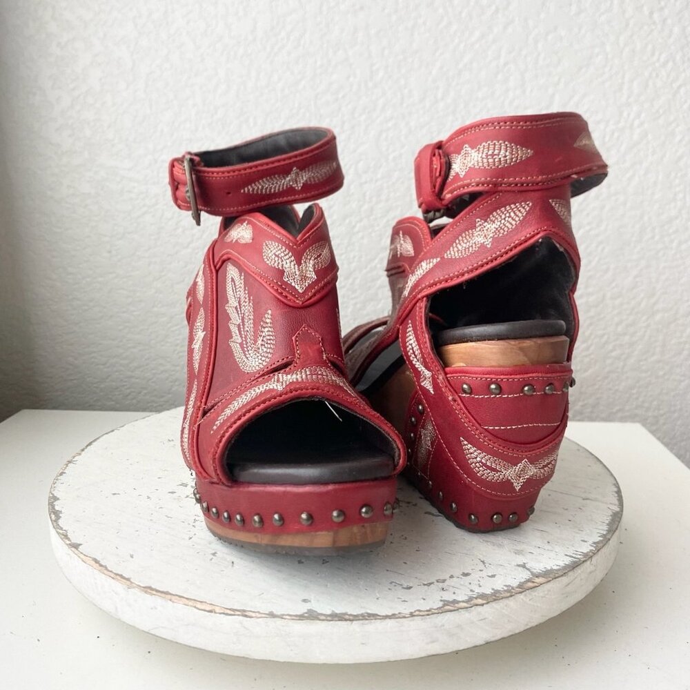 Red Embroidered Wedge Sandals